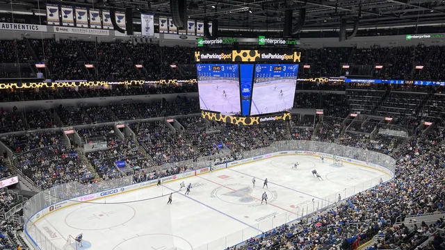 Enterprise Center seating bowl and ice before a hockey game